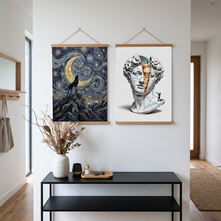 Black Wolf Howling Crescent Moon Print — Van Gogh-Style Mountain Wall Art