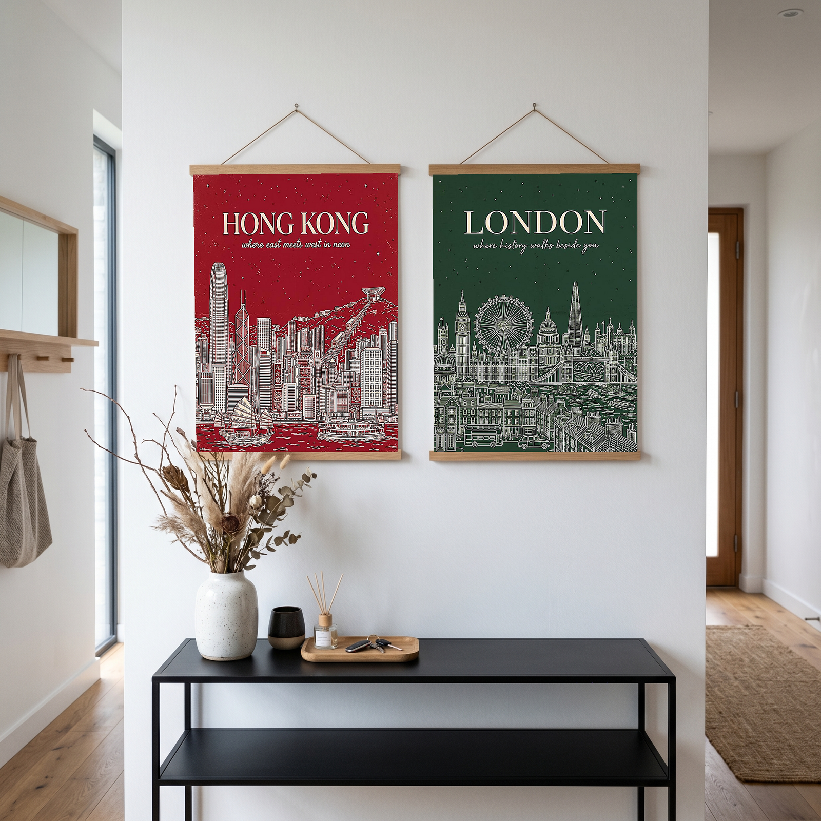 Hong Kong Line Art Print — Crimson Victoria Harbour Skyline Junk Boat Wall Art