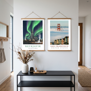 Reykjavik Iceland Travel Poster — Hallgrímskirkja Northern Lights Print