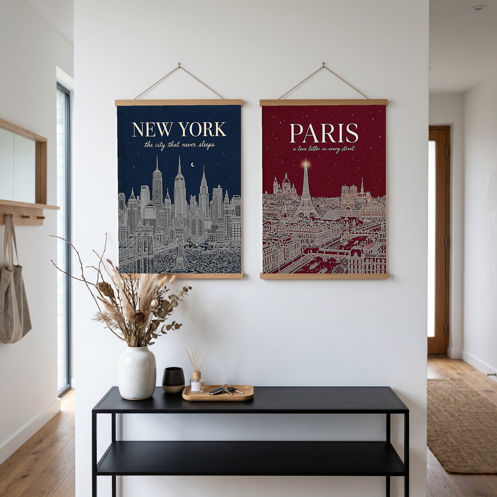New York Line Art Print — Navy Manhattan Skyline Empire State Brooklyn Bridge Wall Art