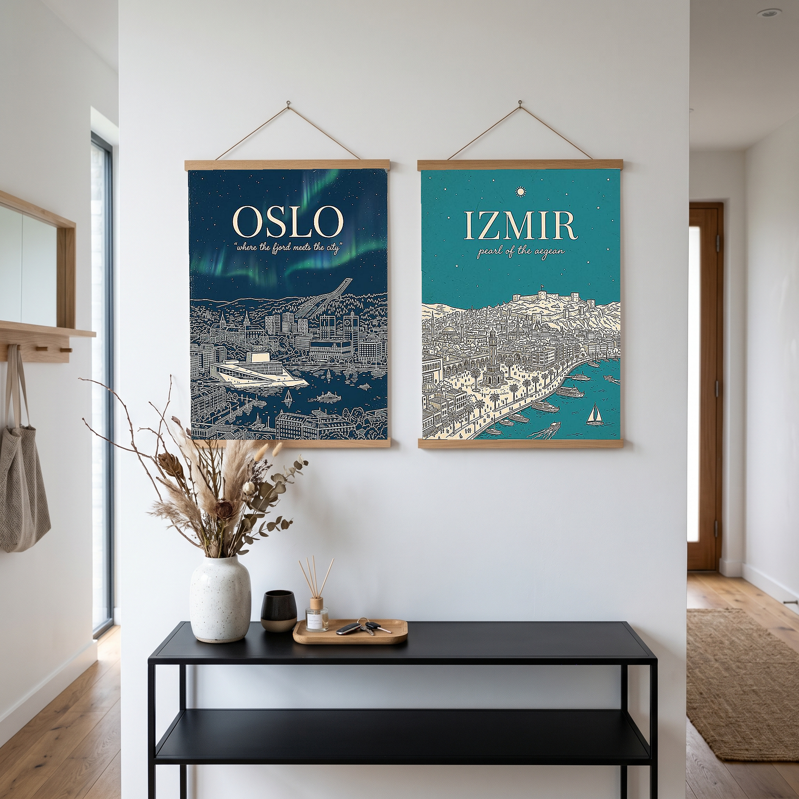Oslo Line Art Print — Navy Opera House Fjord Aurora Borealis Skyline Wall Art