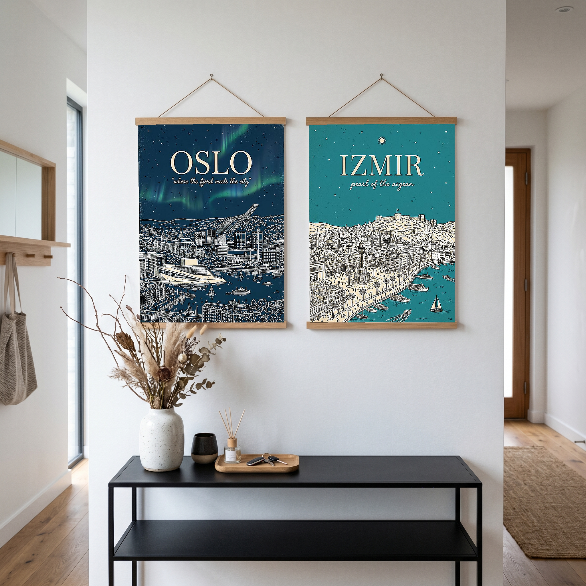 Oslo Line Art Print — Navy Opera House Fjord Aurora Borealis Skyline Wall Art
