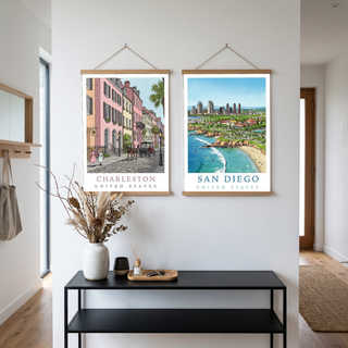 Charleston SC Travel Poster — Rainbow Row Carriage Ride Pastel Print
