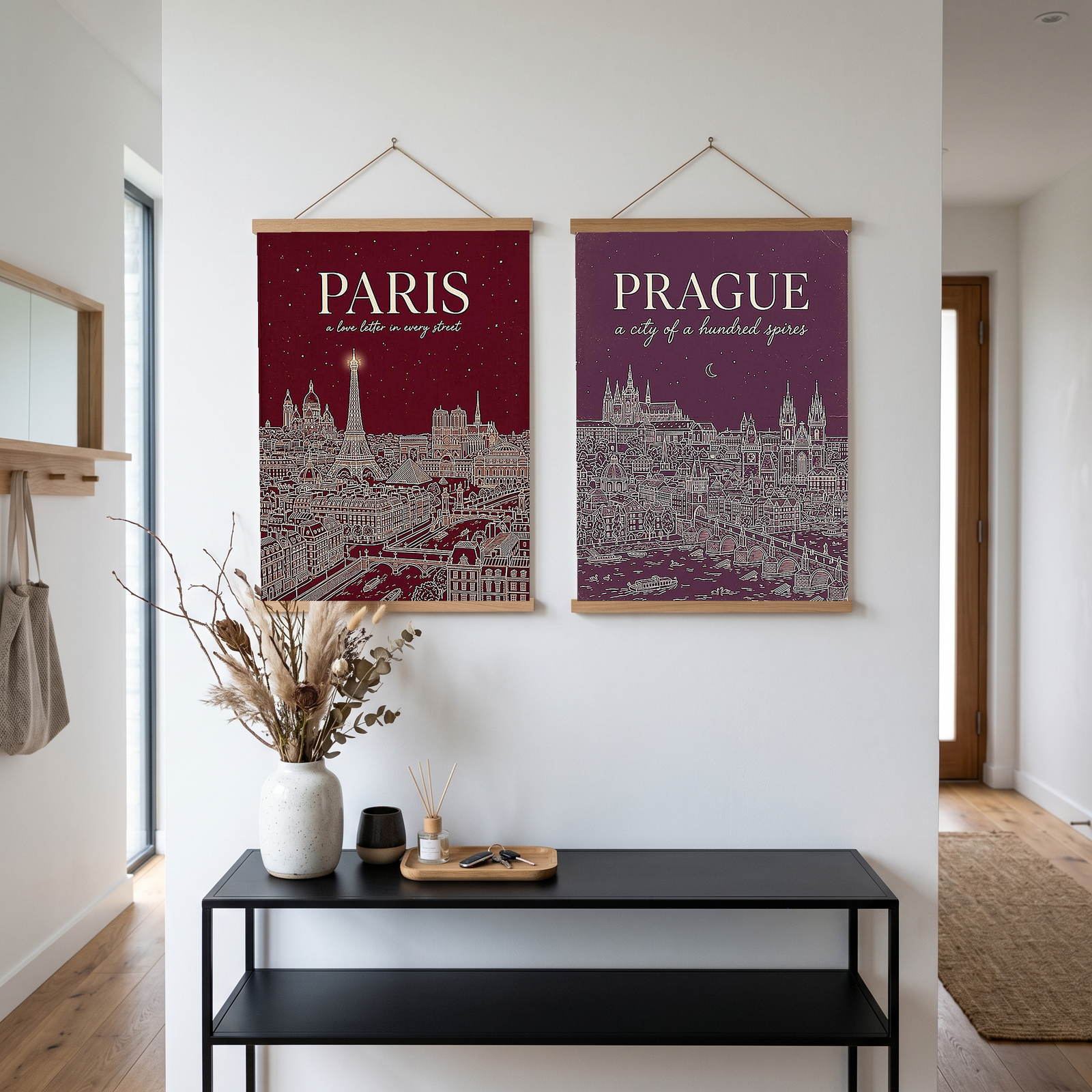Paris Line Art Print — Burgundy Eiffel Tower Skyline Wall Art