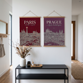 Paris Line Art Print — Burgundy Eiffel Tower Skyline Wall Art