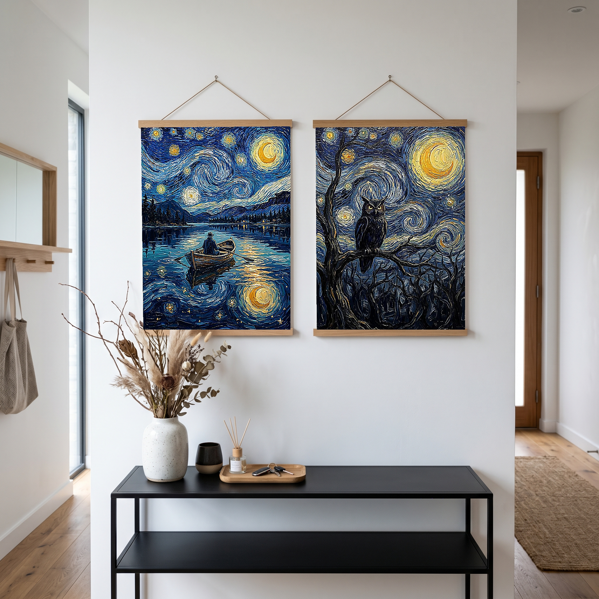 Moonlit Lake Rowboat Print — Van Gogh-Style Night Fishing Cabin Wall Art