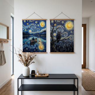 Moonlit Lake Rowboat Print — Van Gogh-Style Night Fishing Cabin Wall Art