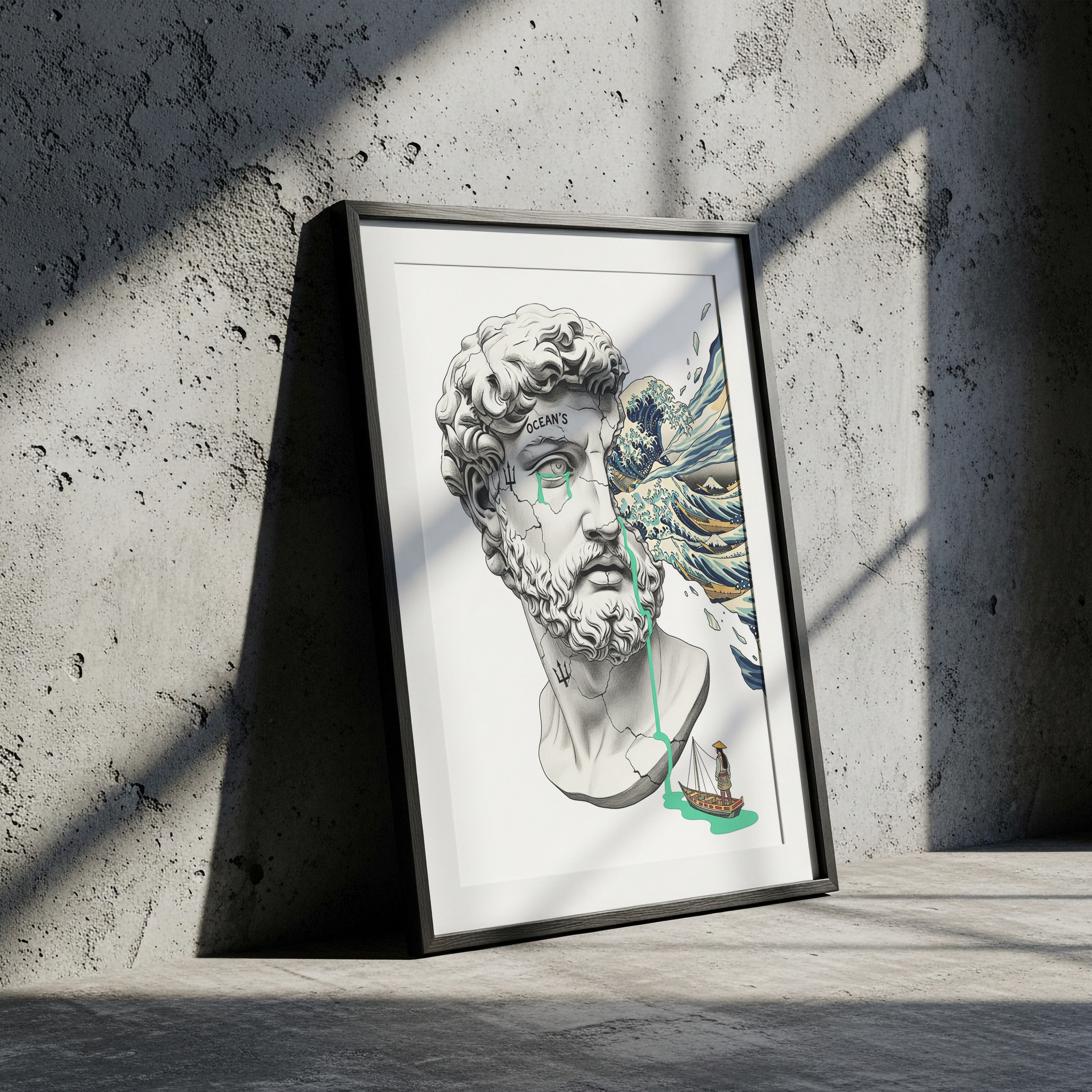 Ocean's Hokusai — Surreal Poseidon Bust Wall Art Print