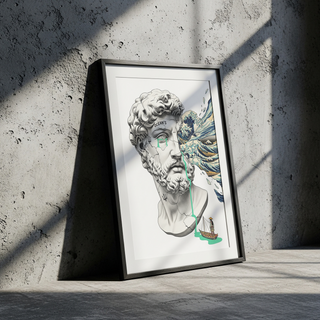 Ocean's Hokusai — Surreal Poseidon Bust Wall Art Print