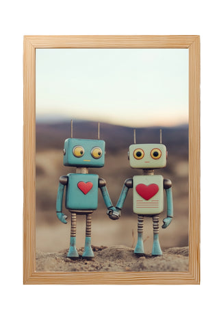 Tin Can Love Wall Art Print — Whimsical Robot Romance Poster
