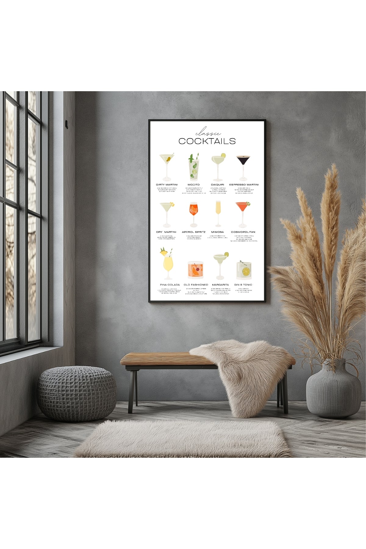 Classic Cocktails Wall Art Print — Vintage Bar Menu Poster