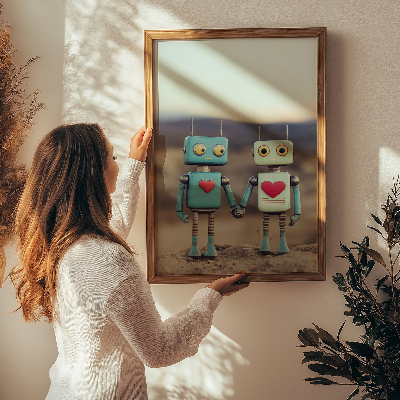 Tin Can Love Wall Art Print — Whimsical Robot Romance Poster
