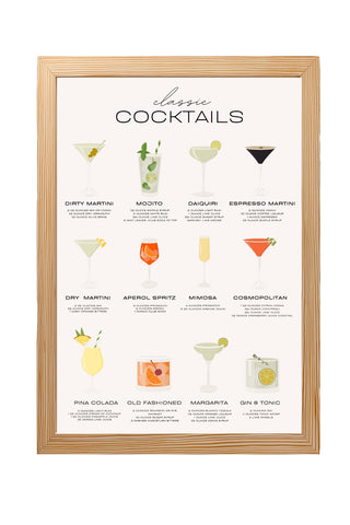 Classic Cocktails Wall Art Print — Vintage Bar Menu Poster