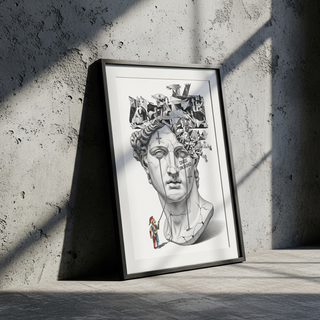 Chaos Unleashed — Surreal David Bust Meets Picasso's Guernica Wall Art Print