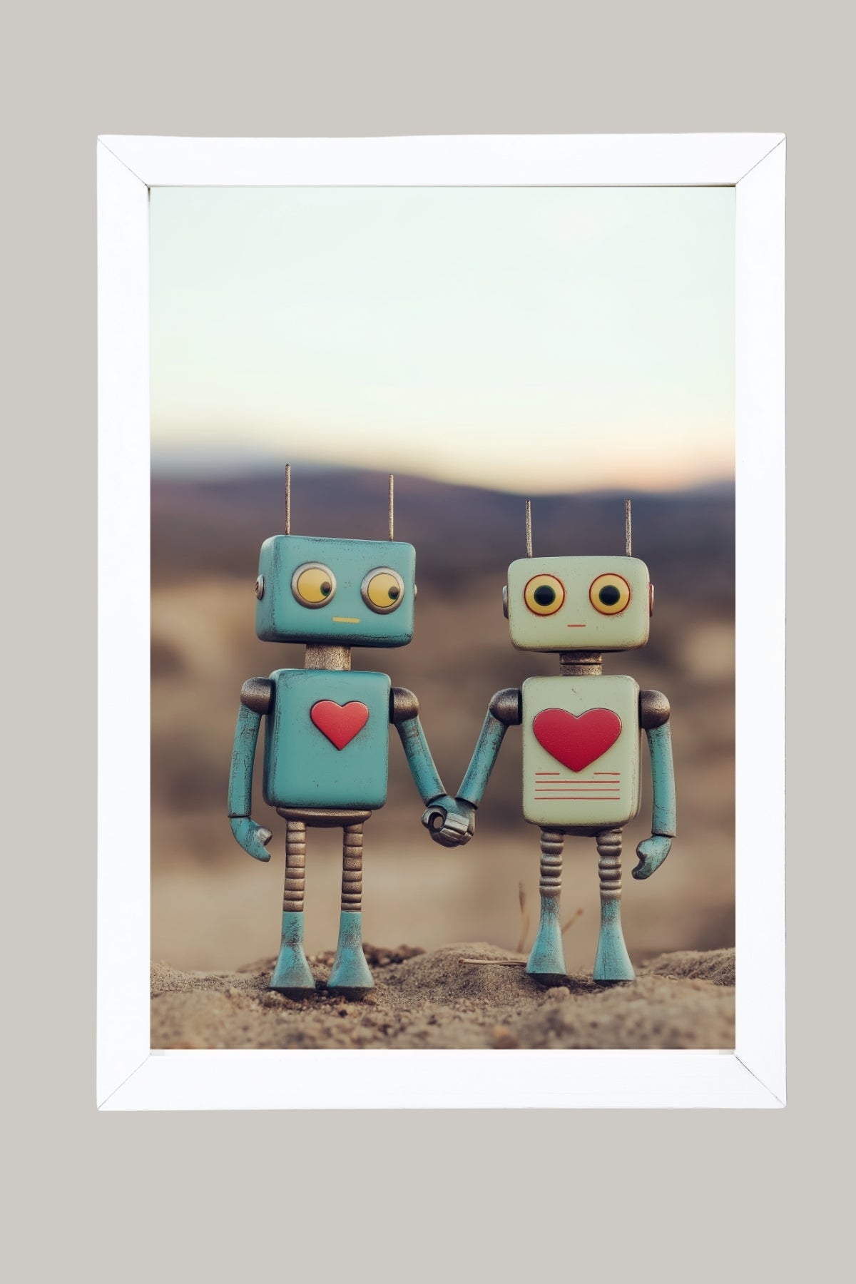 Tin Can Love Wall Art Print — Whimsical Robot Romance Poster