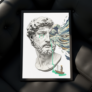 Ocean's Hokusai — Surreal Poseidon Bust Wall Art Print