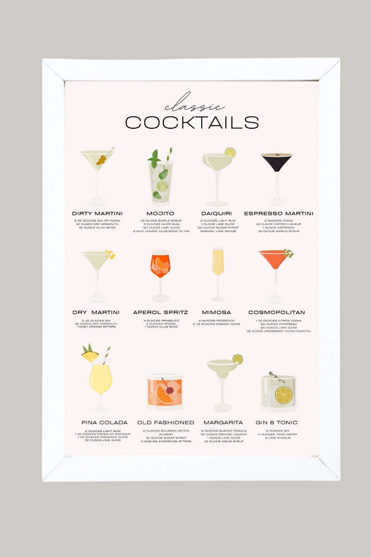 Classic Cocktails Wall Art Print — Vintage Bar Menu Poster