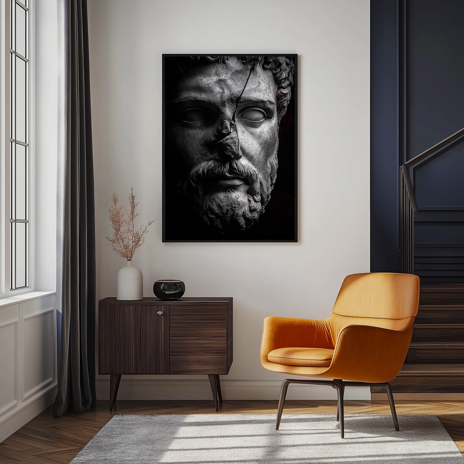 Stone Guardian Wall Art Print — Ancient Sculpted Face Poster