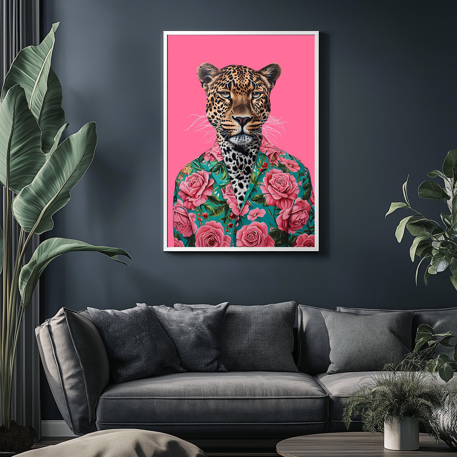Floral Leopard Wall Art Print — Botanical Animal Poster