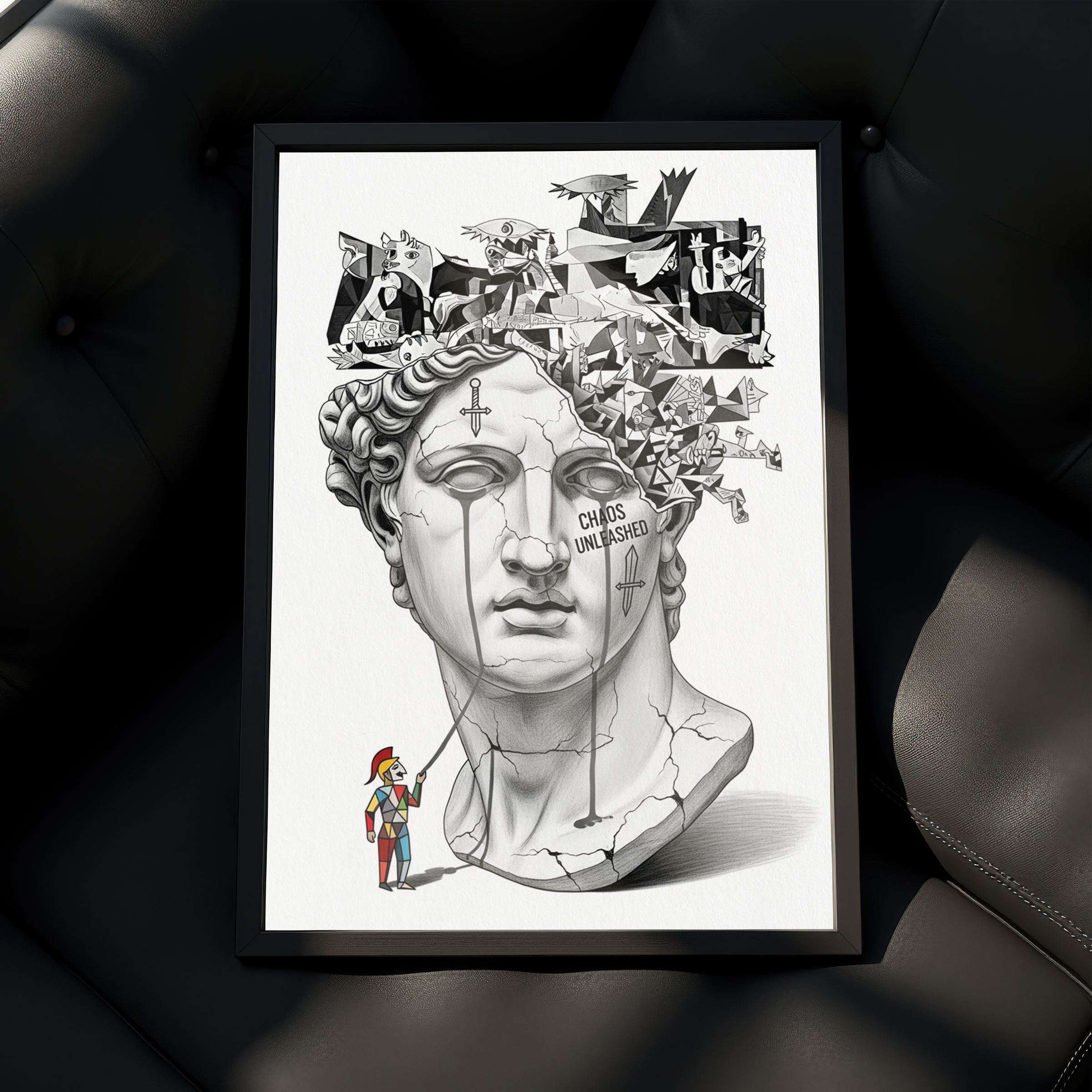 Chaos Unleashed — Surreal David Bust Meets Picasso's Guernica Wall Art Print