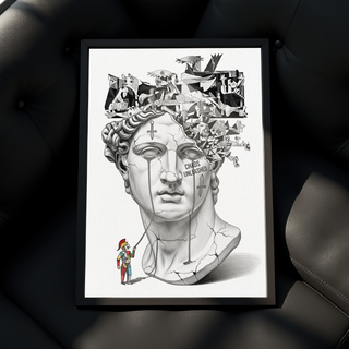 Chaos Unleashed — Surreal David Bust Meets Picasso's Guernica Wall Art Print