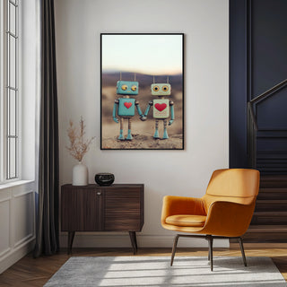 Tin Can Love Wall Art Print — Whimsical Robot Romance Poster