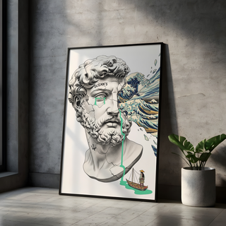 Ocean's Hokusai — Surreal Poseidon Bust Wall Art Print