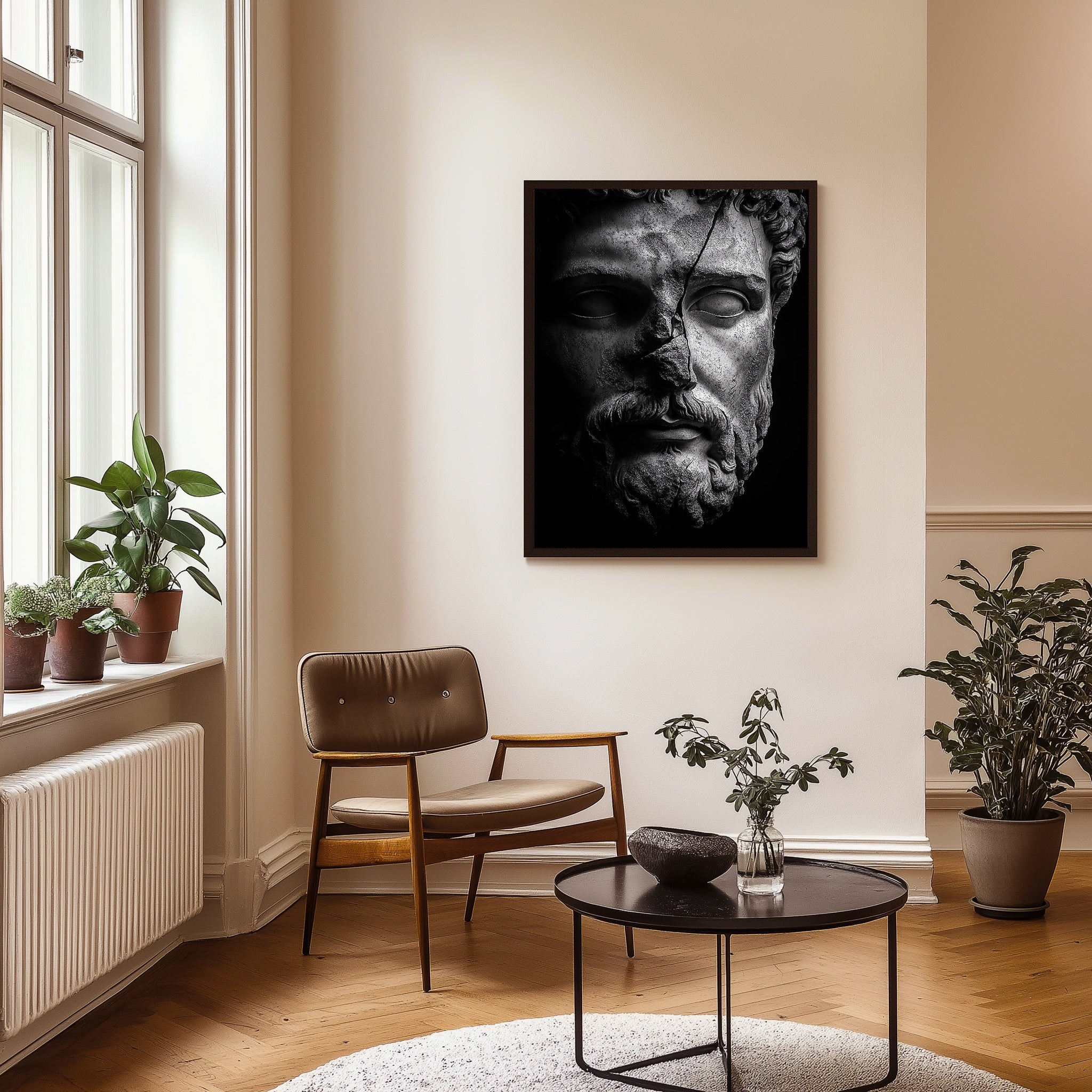 Stone Guardian Wall Art Print — Ancient Sculpted Face Poster