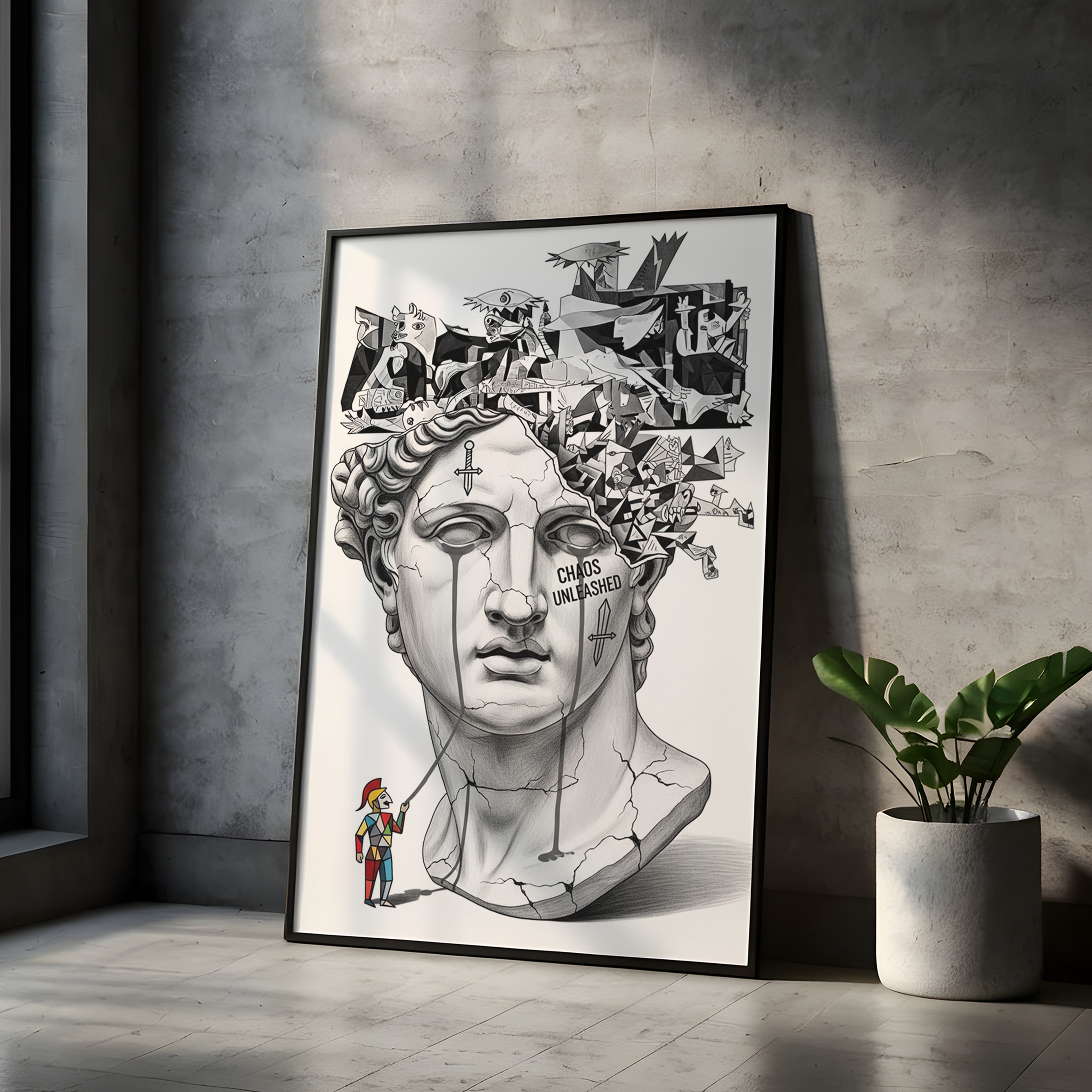 Chaos Unleashed — Surreal David Bust Meets Picasso's Guernica Wall Art Print