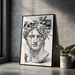 Chaos Unleashed — Surreal David Bust Meets Picasso's Guernica Wall Art Print