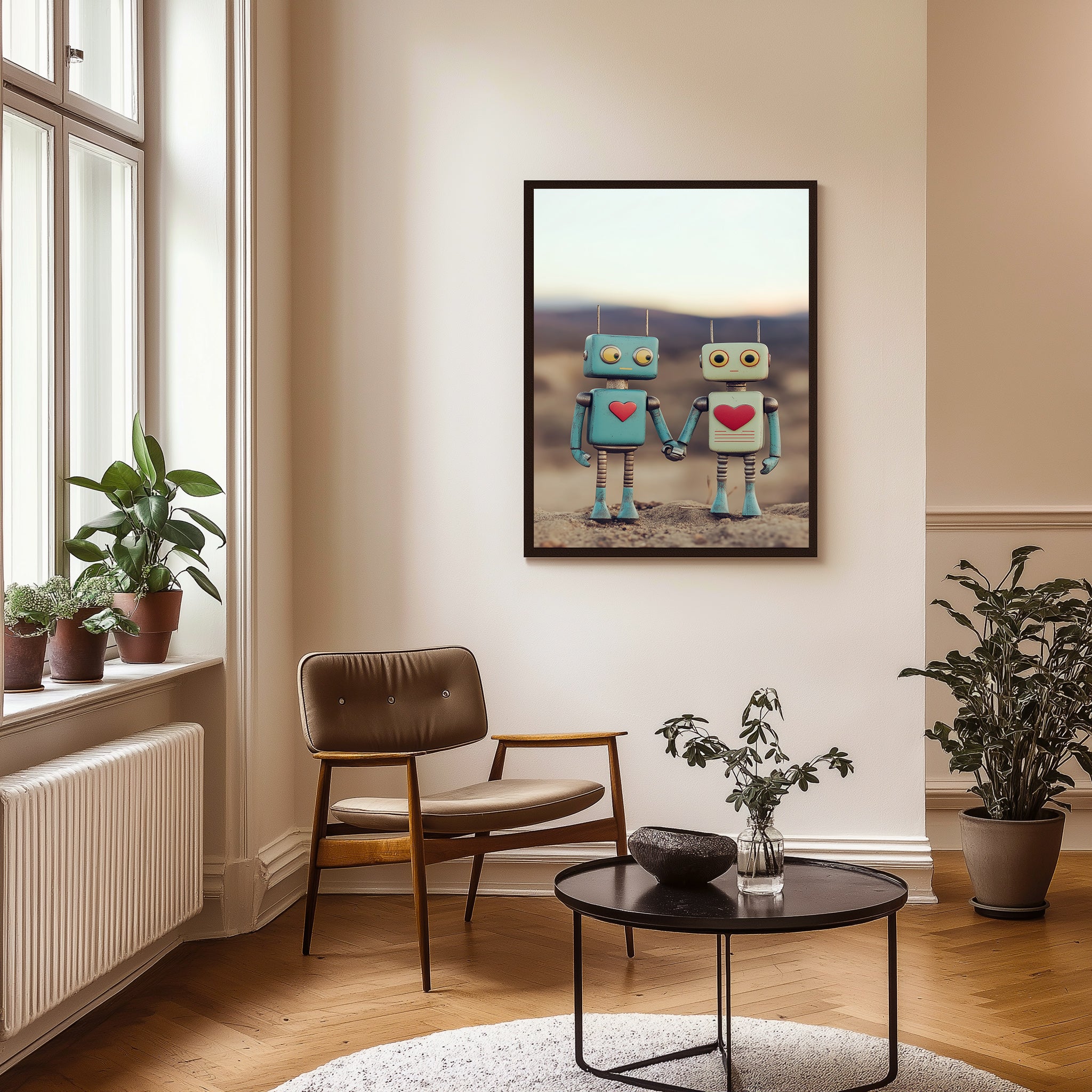 Tin Can Love Wall Art Print — Whimsical Robot Romance Poster