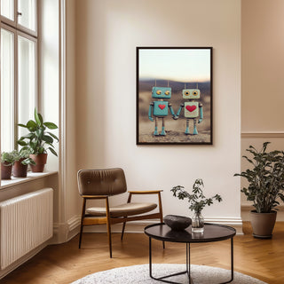 Tin Can Love Wall Art Print — Whimsical Robot Romance Poster