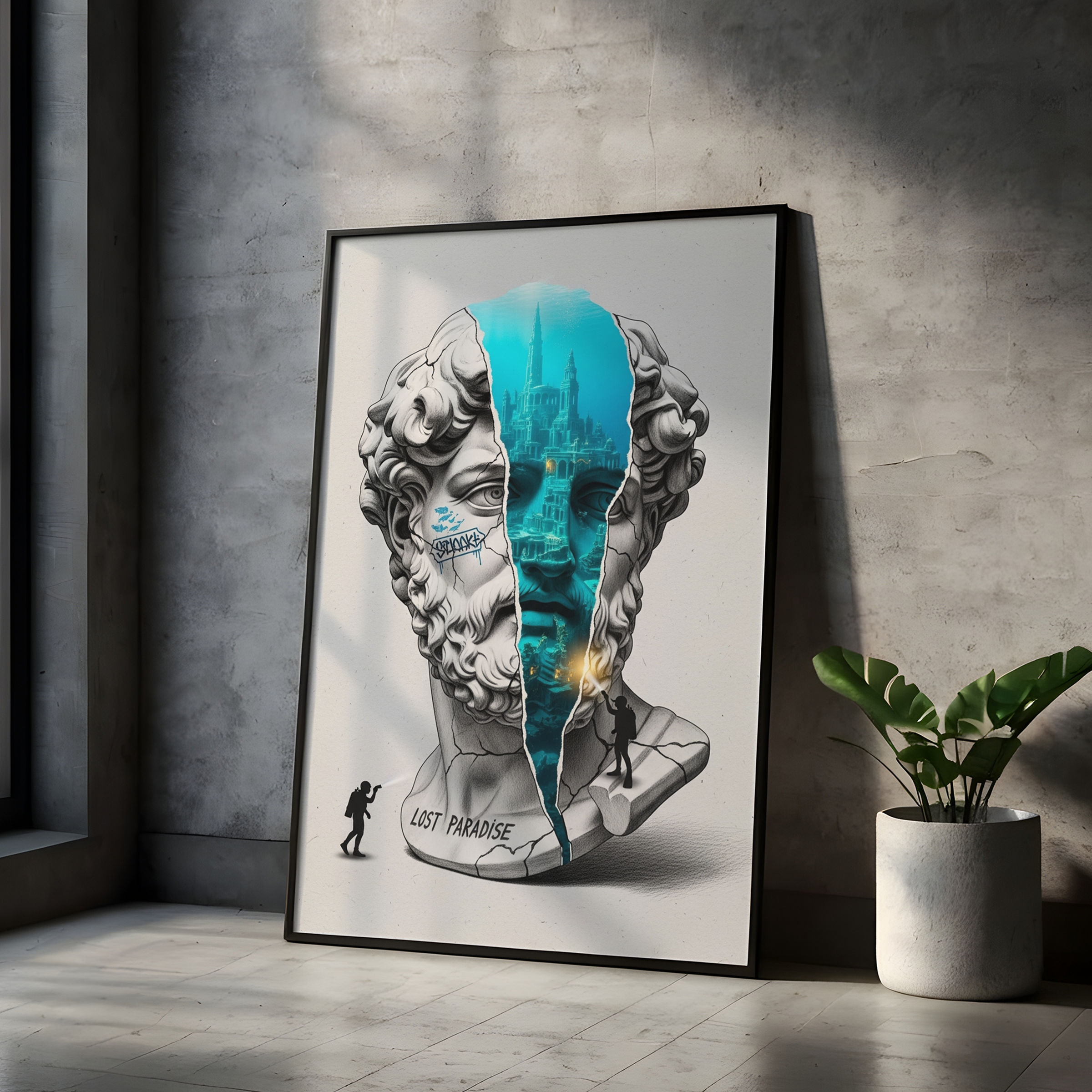 Lost Paradise Atlantis — Surreal Poseidon Bust Wall Art Print