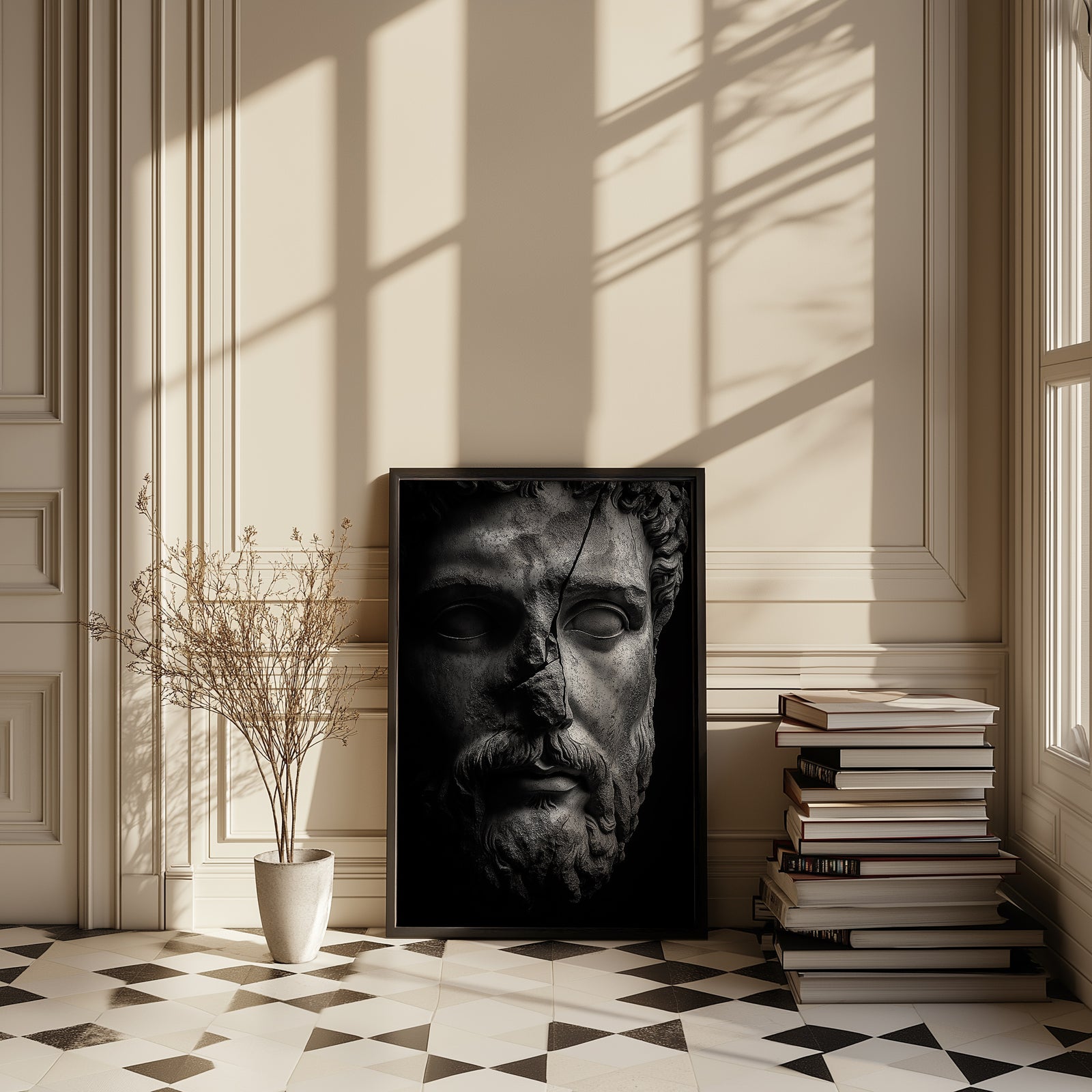 Stone Guardian Wall Art Print — Ancient Sculpted Face Poster