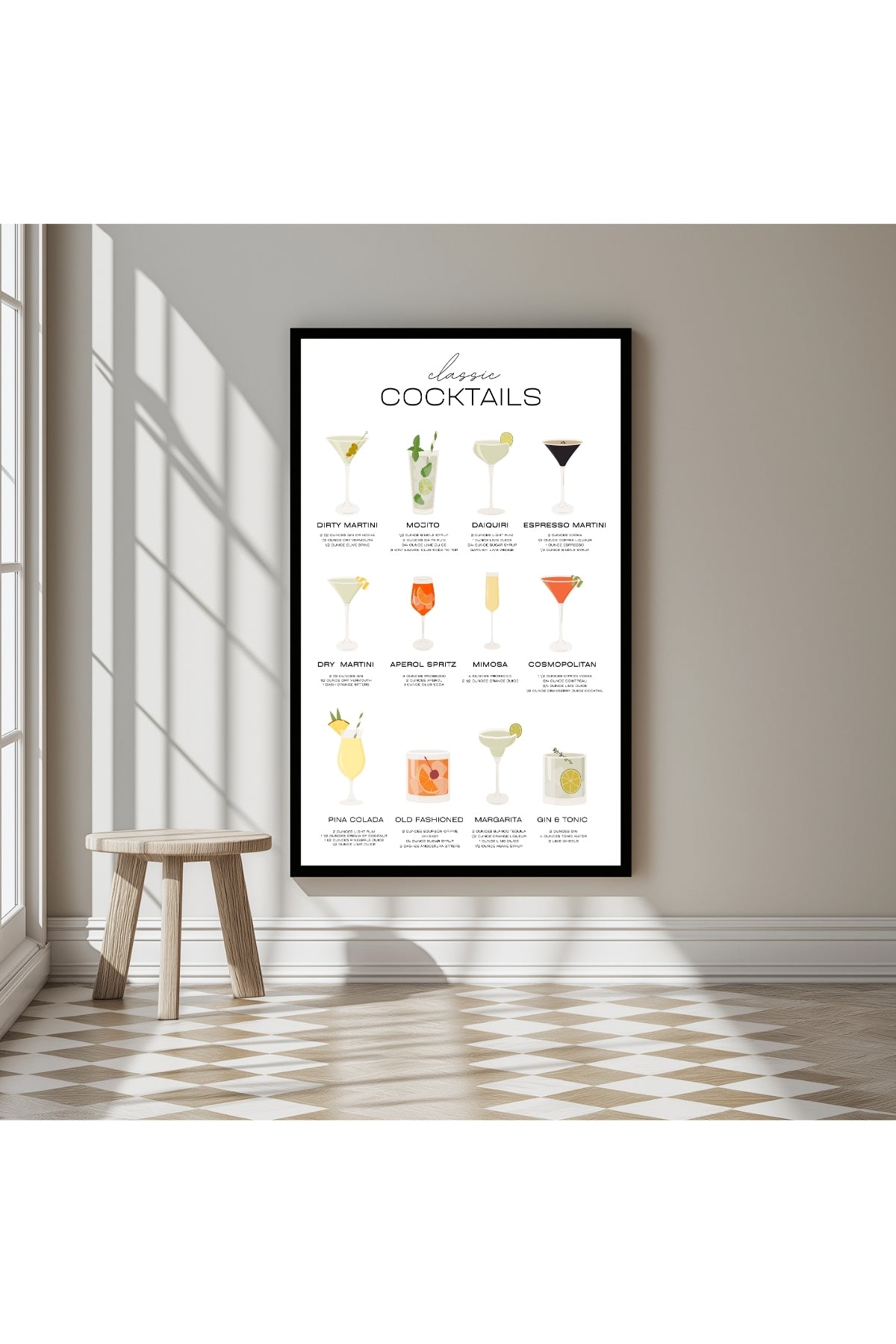 Classic Cocktails Wall Art Print — Vintage Bar Menu Poster