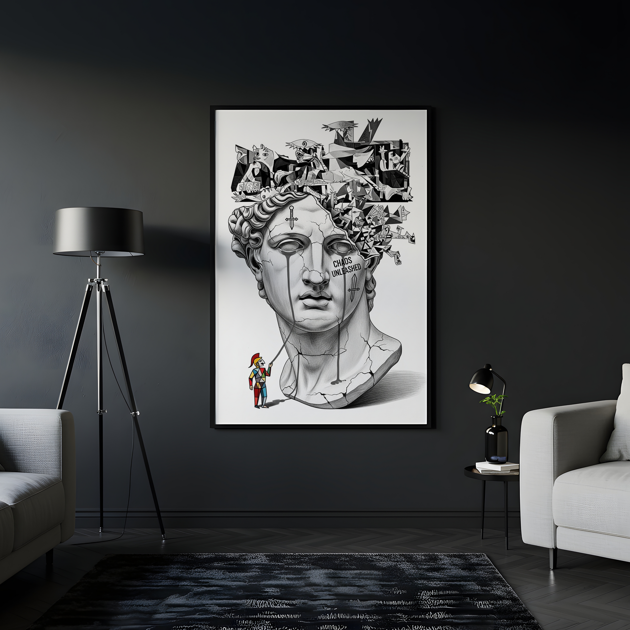 Chaos Unleashed — Surreal David Bust Meets Picasso's Guernica Wall Art Print