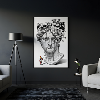 Chaos Unleashed — Surreal David Bust Meets Picasso's Guernica Wall Art Print