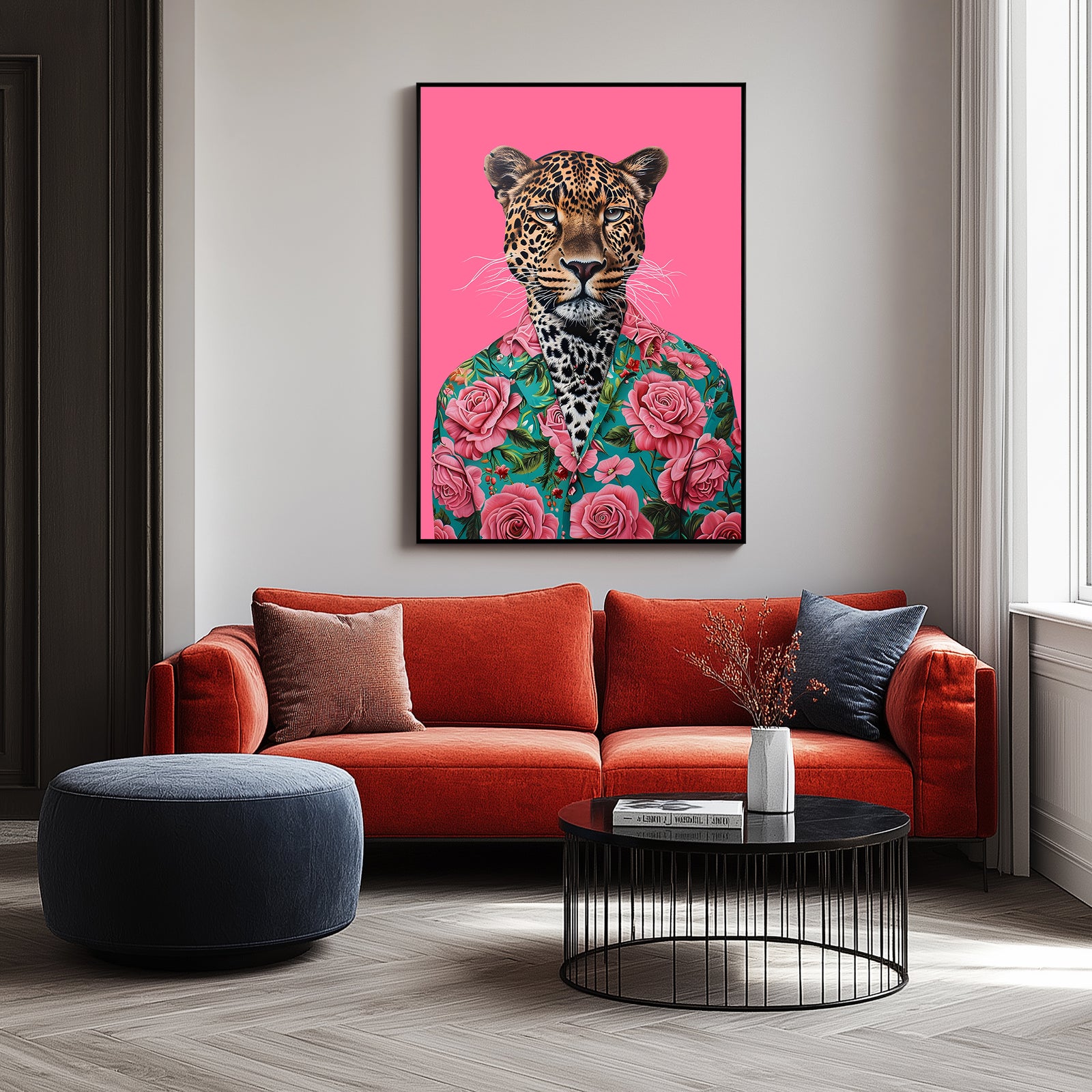 Floral Leopard Wall Art Print — Botanical Animal Poster