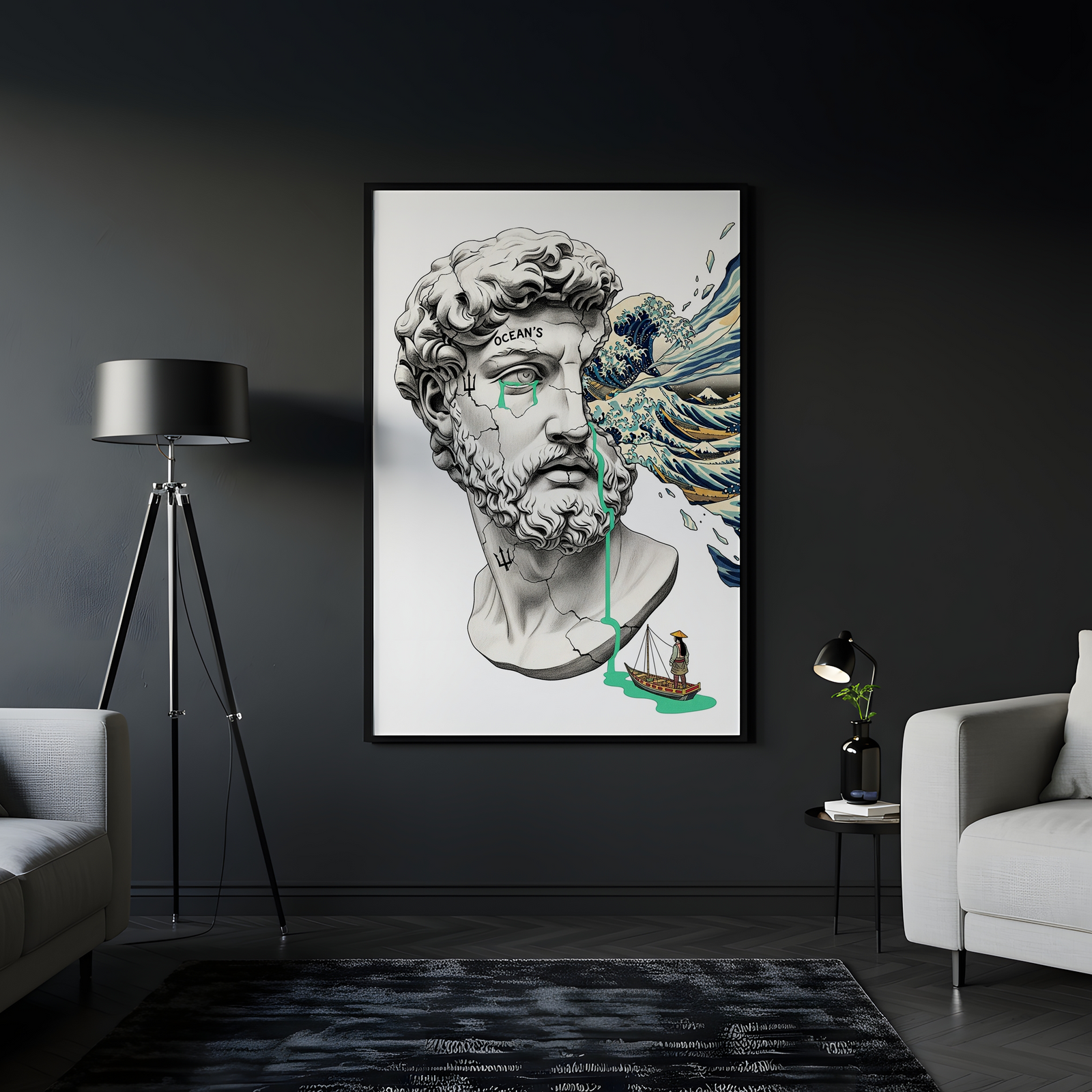 Ocean's Hokusai — Surreal Poseidon Bust Wall Art Print