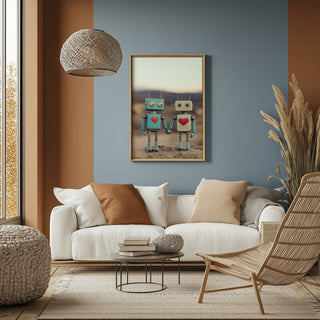 Tin Can Love Wall Art Print — Whimsical Robot Romance Poster