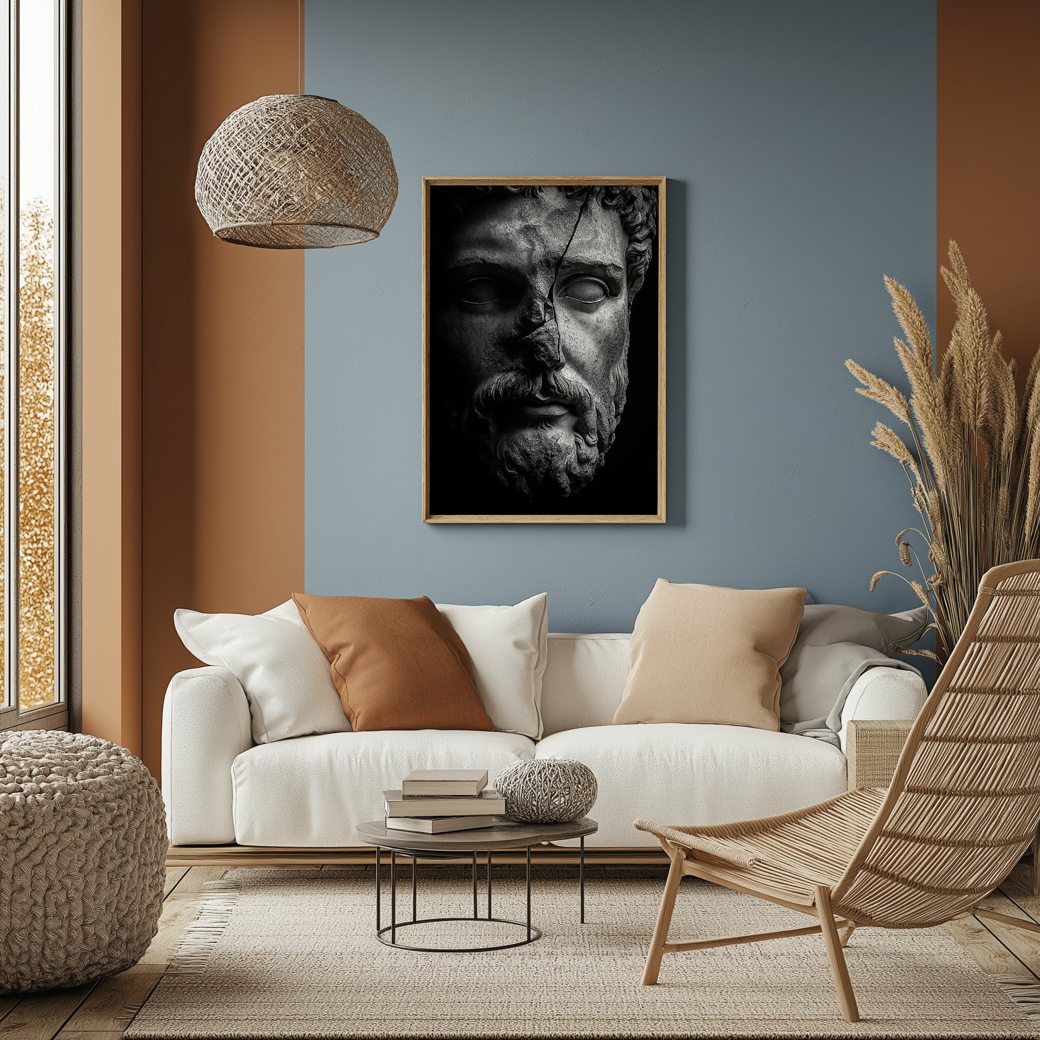 Stone Guardian Wall Art Print — Ancient Sculpted Face Poster