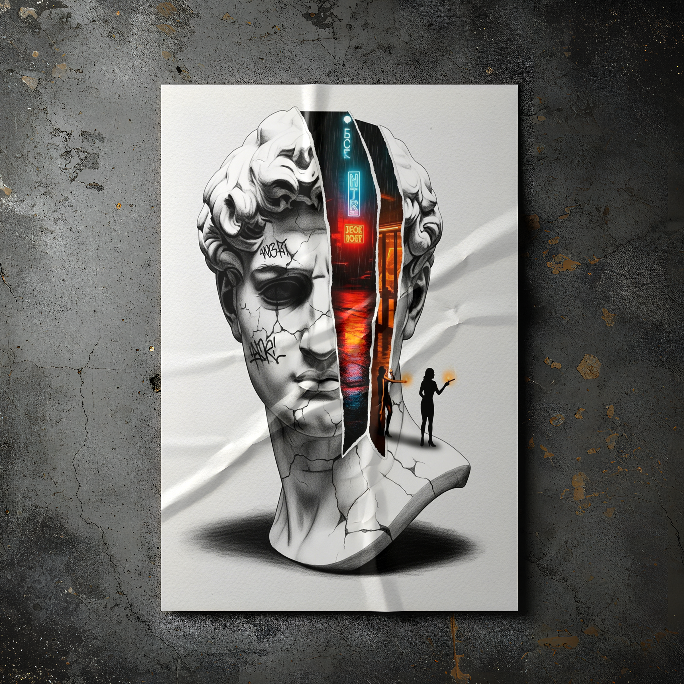 Neon Noir — Surreal David Bust Wall Art Print