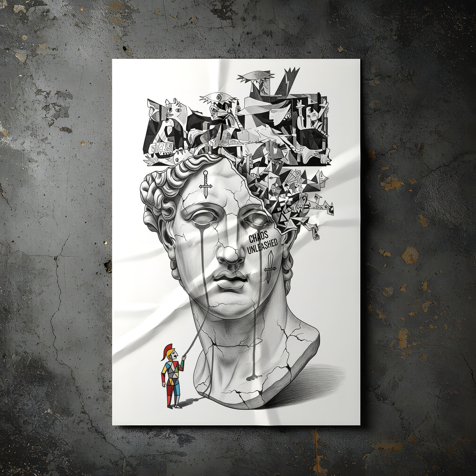 Chaos Unleashed — Surreal David Bust Meets Picasso's Guernica Wall Art Print
