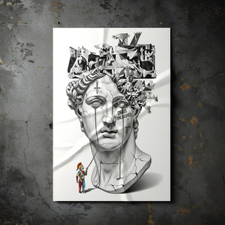 Chaos Unleashed — Surreal David Bust Meets Picasso's Guernica Wall Art Print