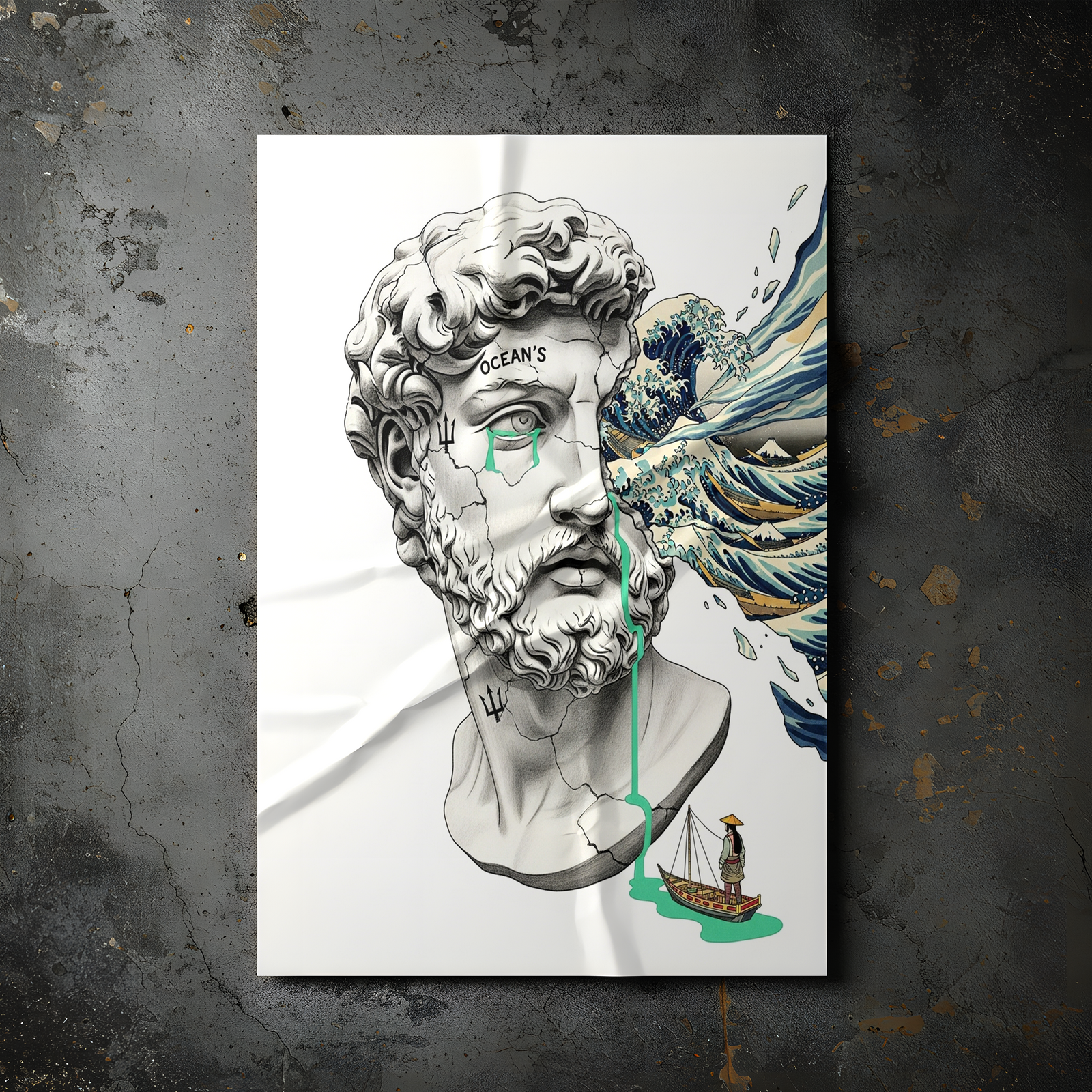 Ocean's Hokusai — Surreal Poseidon Bust Wall Art Print