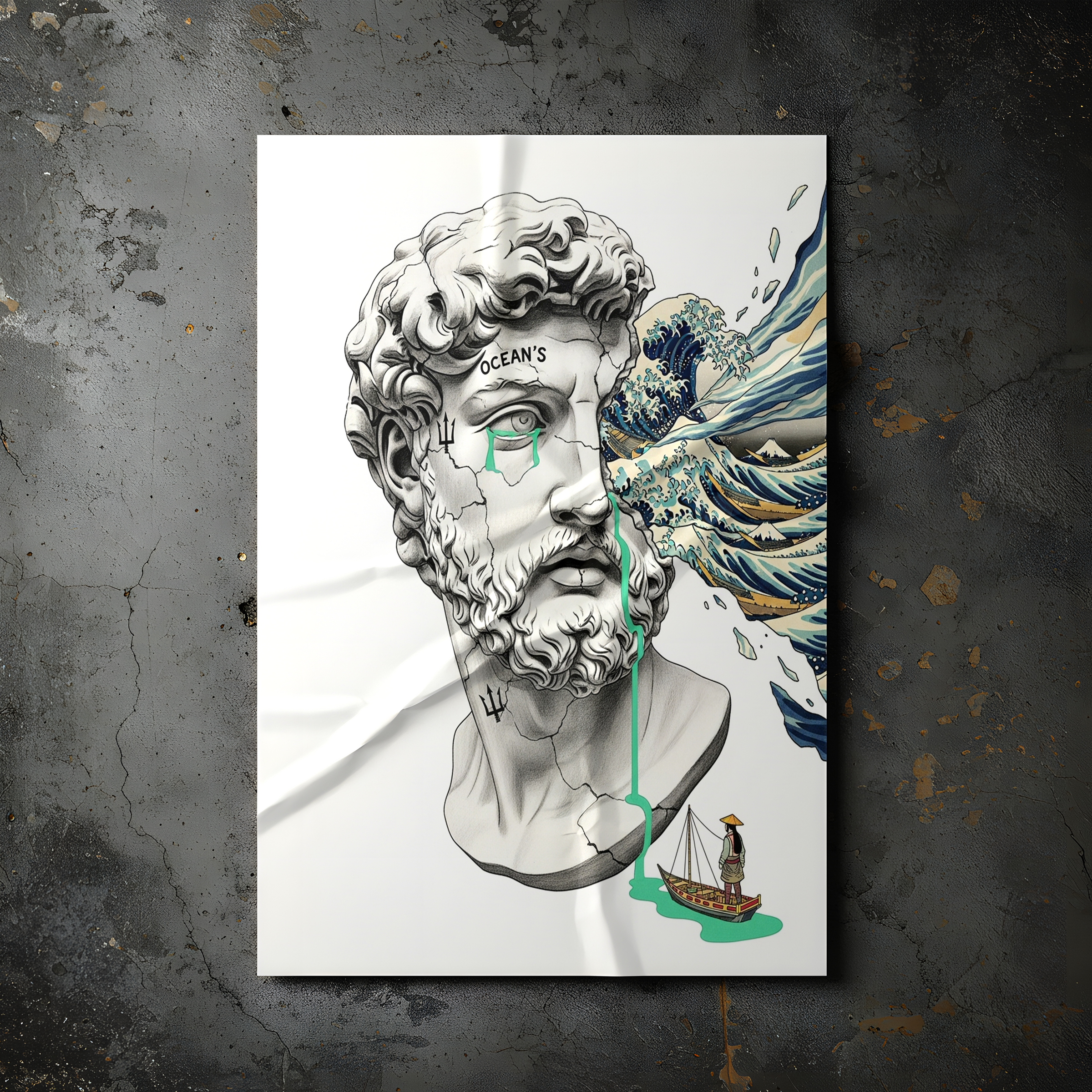 Ocean's Hokusai — Surreal Poseidon Bust Wall Art Print