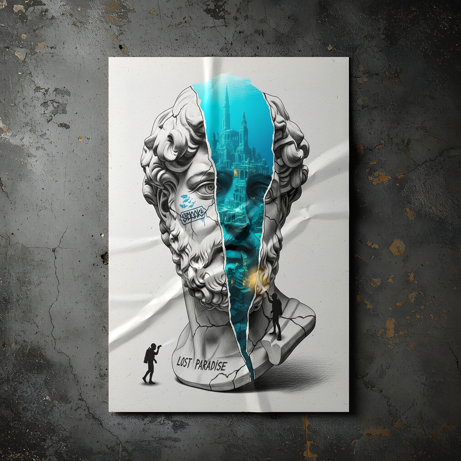 Lost Paradise Atlantis — Surreal Poseidon Bust Wall Art Print