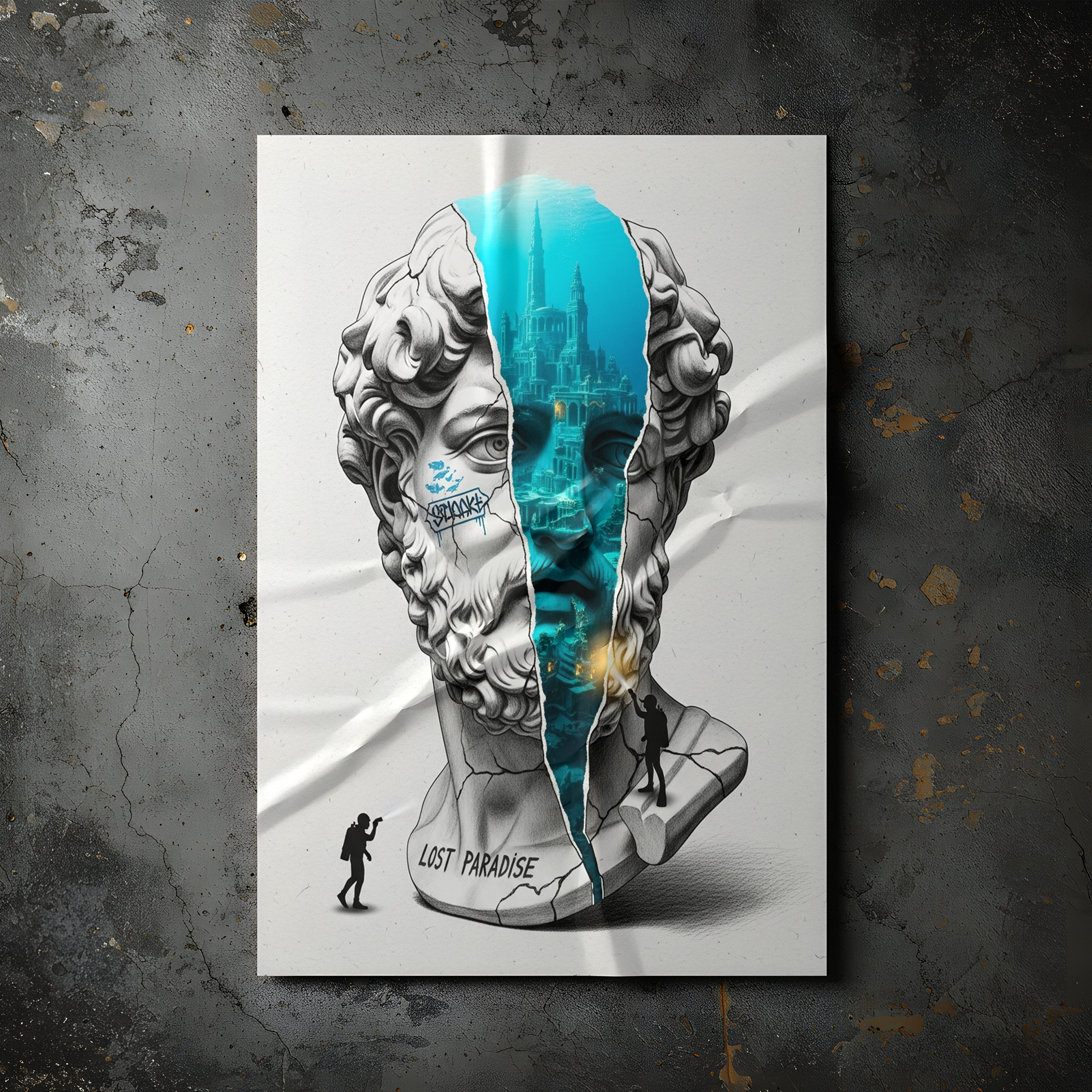 Lost Paradise Atlantis — Surreal Poseidon Bust Wall Art Print