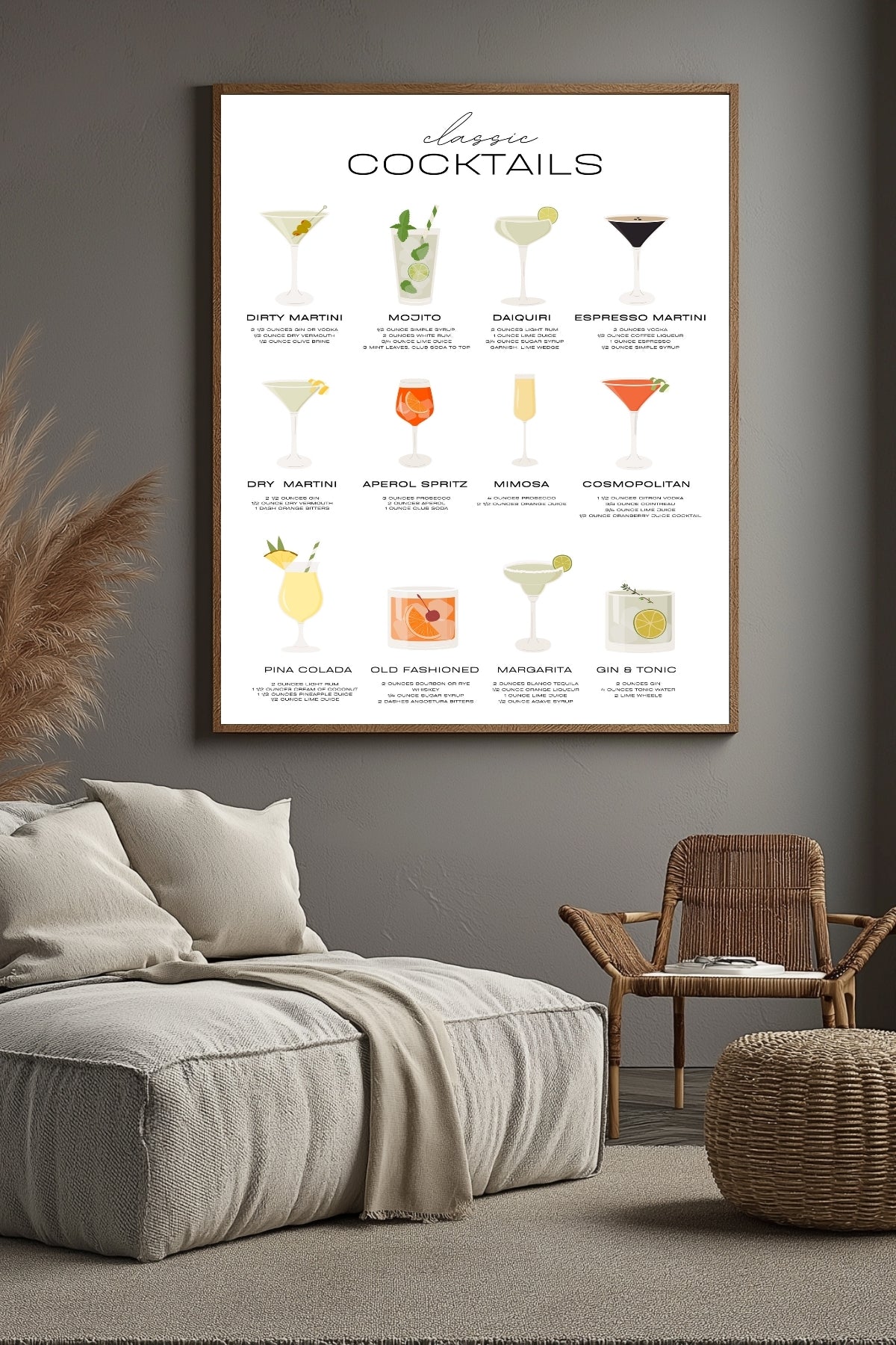 Classic Cocktails Wall Art Print — Vintage Bar Menu Poster