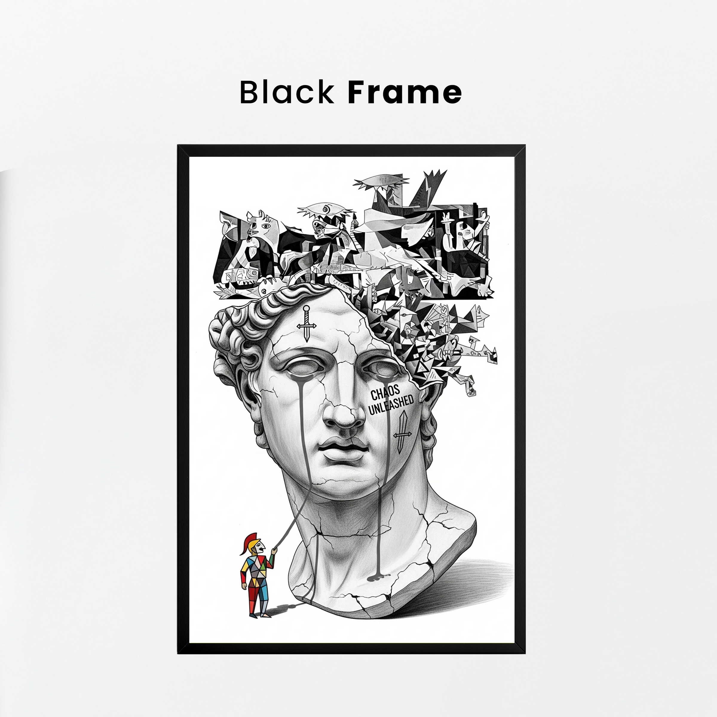 Chaos Unleashed — Surreal David Bust Meets Picasso's Guernica Wall Art Print